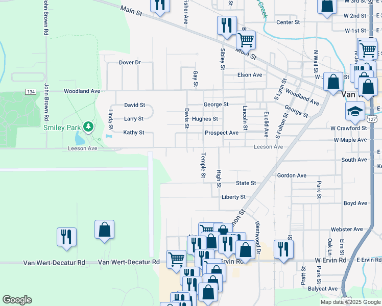 map of restaurants, bars, coffee shops, grocery stores, and more near 1100 Leeson Avenue in Van Wert