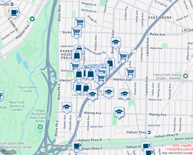 map of restaurants, bars, coffee shops, grocery stores, and more near 2704 Wallace Avenue in Bronx