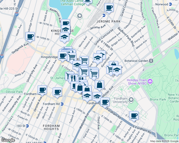 map of restaurants, bars, coffee shops, grocery stores, and more near in The Bronx