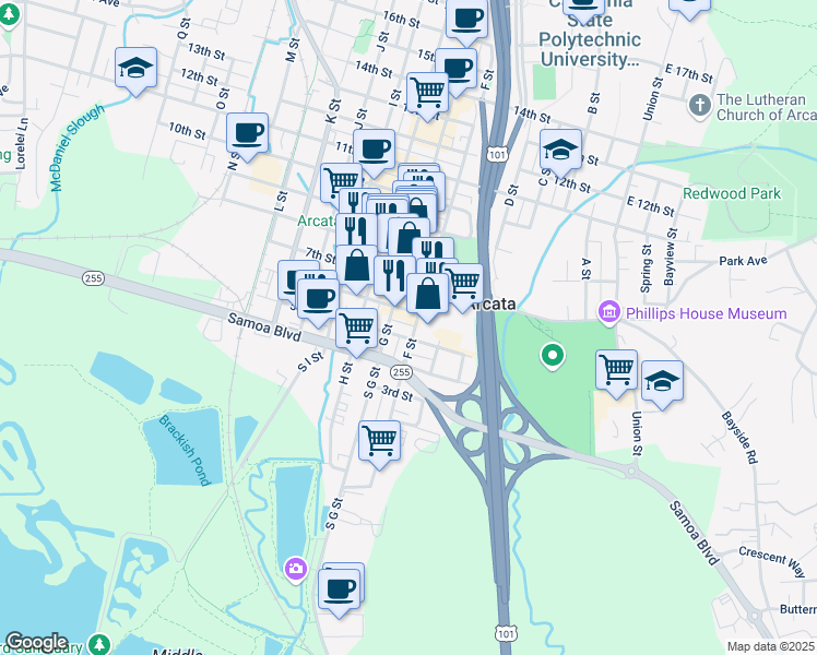 map of restaurants, bars, coffee shops, grocery stores, and more near 541 F Street in Arcata