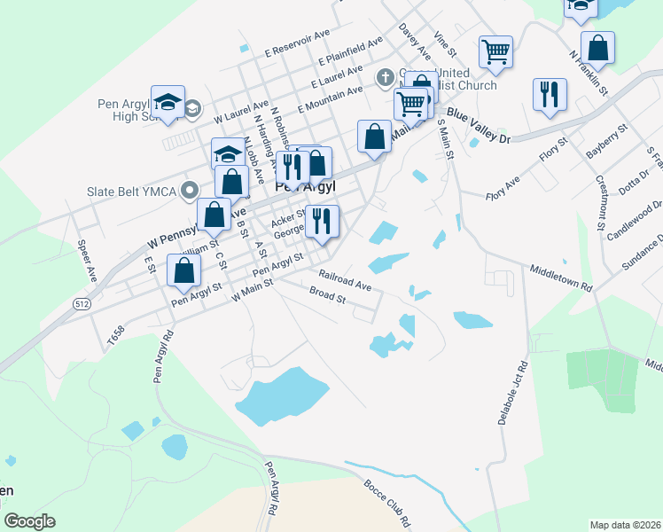 map of restaurants, bars, coffee shops, grocery stores, and more near 6 East Main Street in Pen Argyl