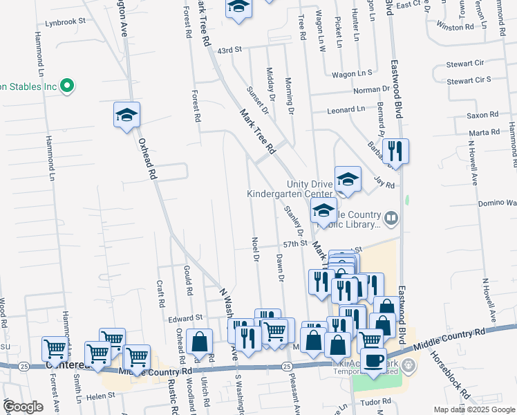 map of restaurants, bars, coffee shops, grocery stores, and more near 159 Dawn Drive in Centereach