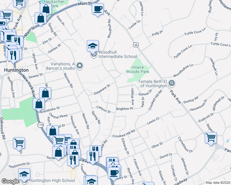 map of restaurants, bars, coffee shops, grocery stores, and more near in Huntington