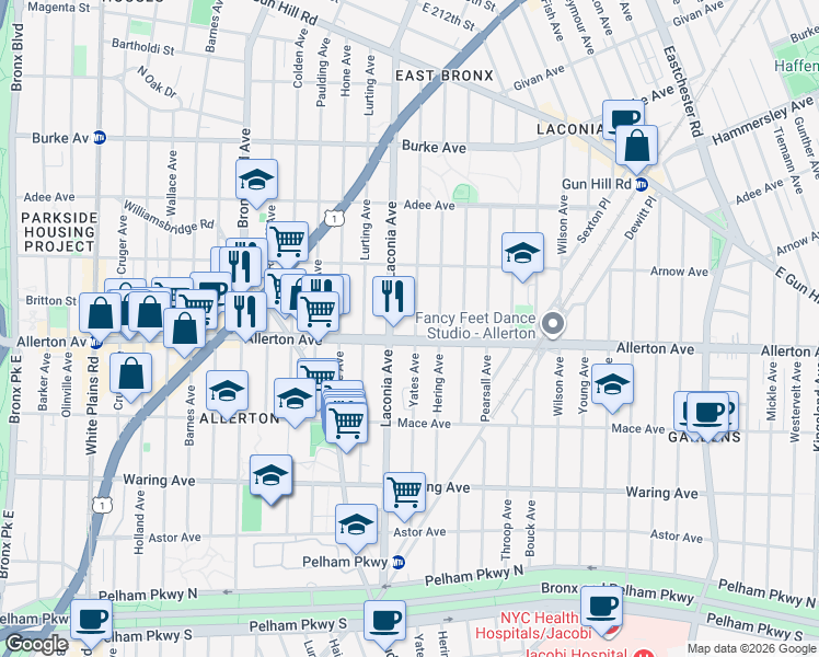 map of restaurants, bars, coffee shops, grocery stores, and more near 2716 Laconia Avenue in Bronx
