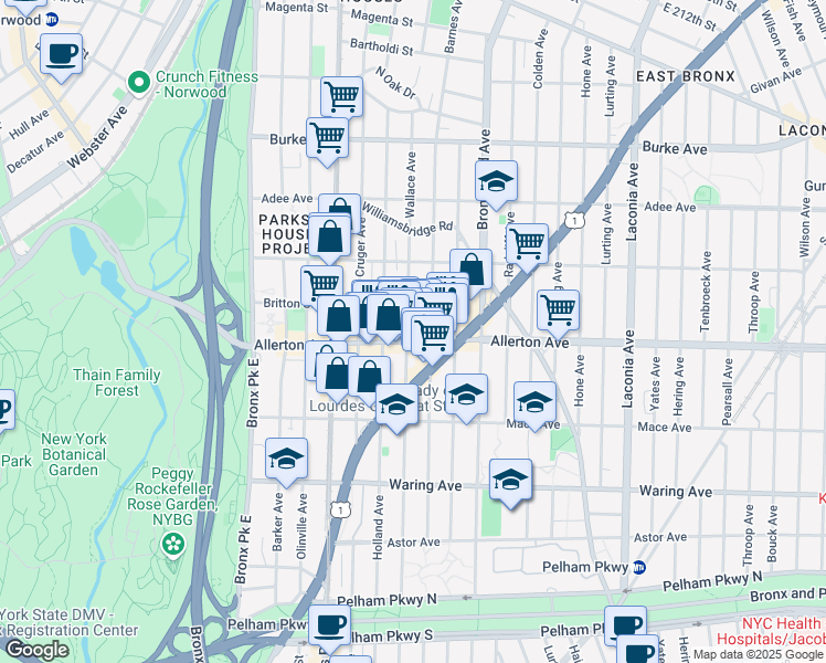 map of restaurants, bars, coffee shops, grocery stores, and more near 2704 Wallace Avenue in Bronx