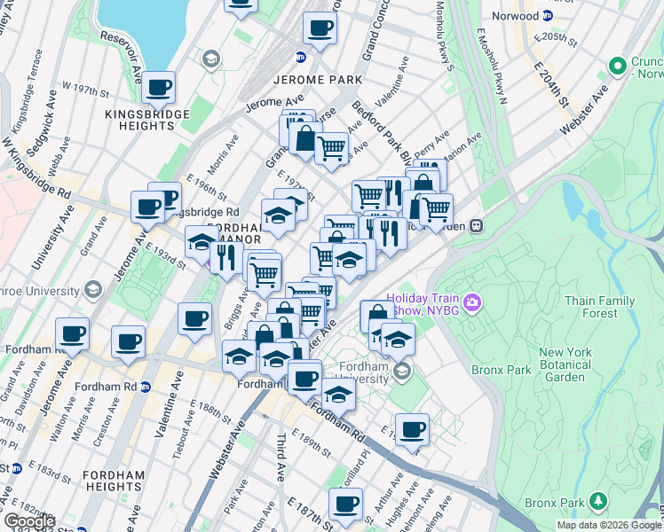 map of restaurants, bars, coffee shops, grocery stores, and more near 2738 Marion Avenue in The Bronx