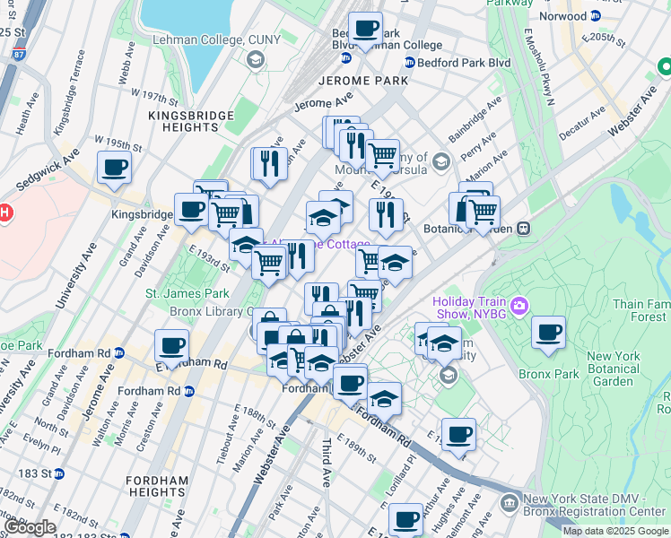 map of restaurants, bars, coffee shops, grocery stores, and more near 314 East 196th Street in The Bronx