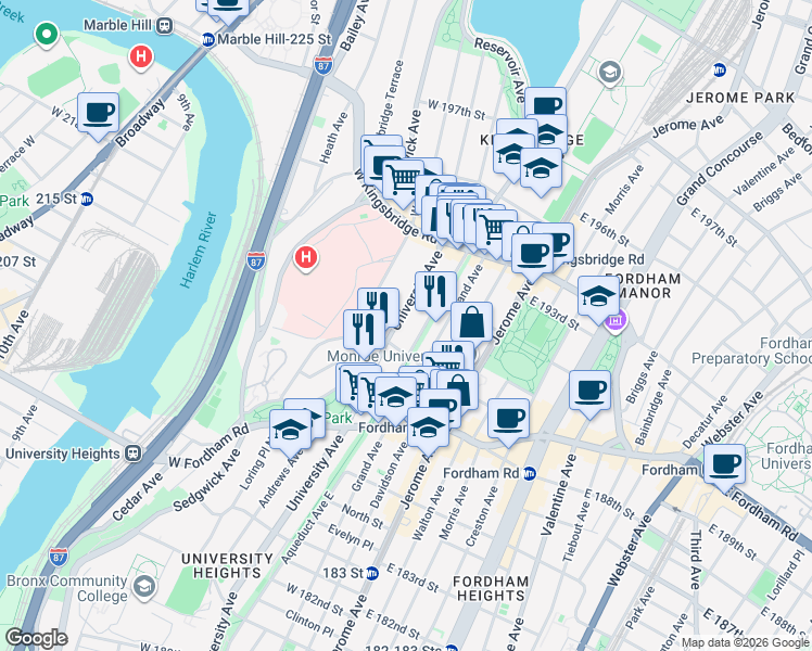 map of restaurants, bars, coffee shops, grocery stores, and more near 2541 Aqueduct Avenue in Bronx