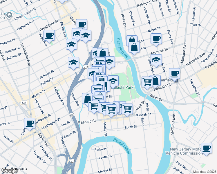 map of restaurants, bars, coffee shops, grocery stores, and more near 123 4th Street in Passaic