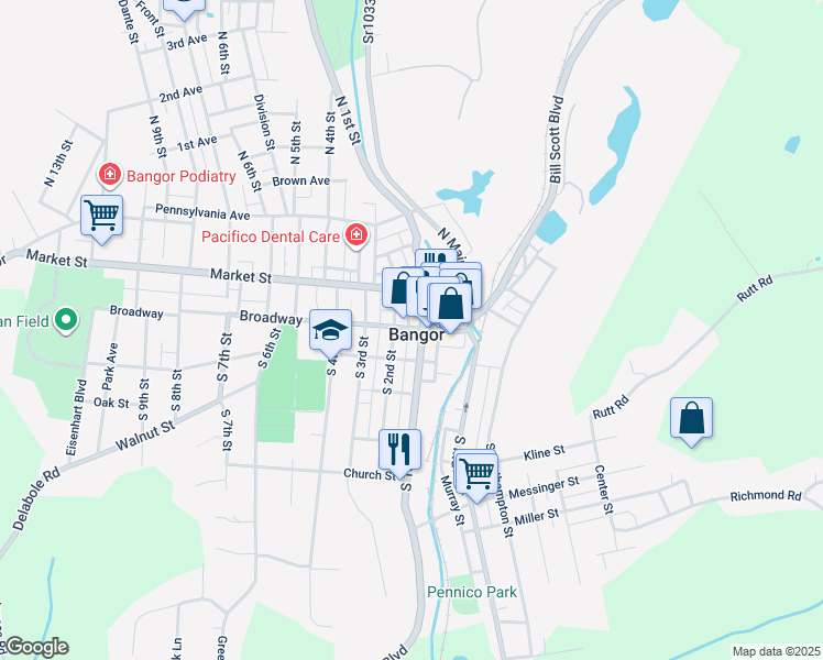map of restaurants, bars, coffee shops, grocery stores, and more near in Bangor