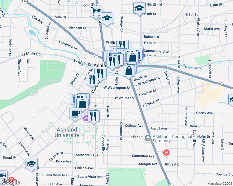 map of restaurants, bars, coffee shops, grocery stores, and more near 215 West Washington Street in Ashland