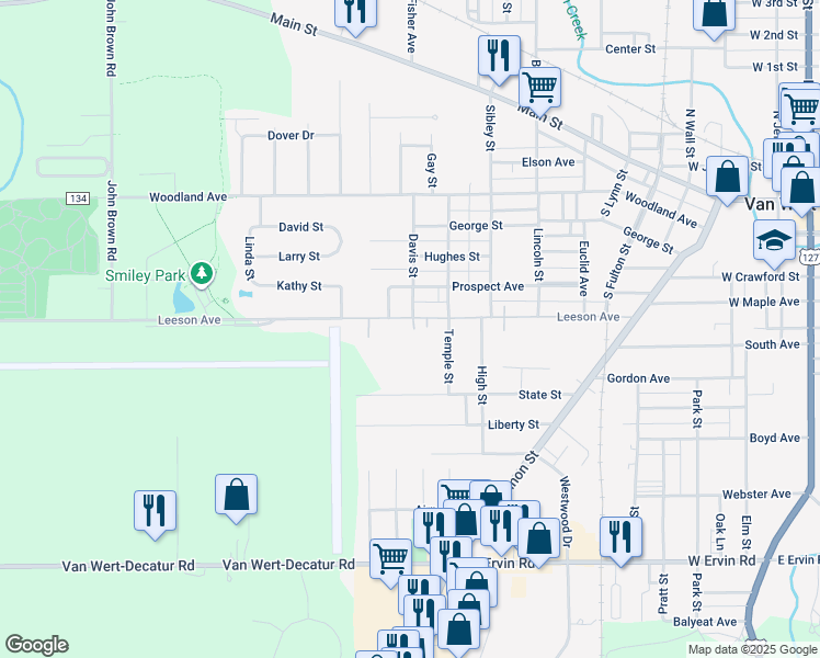 map of restaurants, bars, coffee shops, grocery stores, and more near 1100 Leeson Avenue in Van Wert
