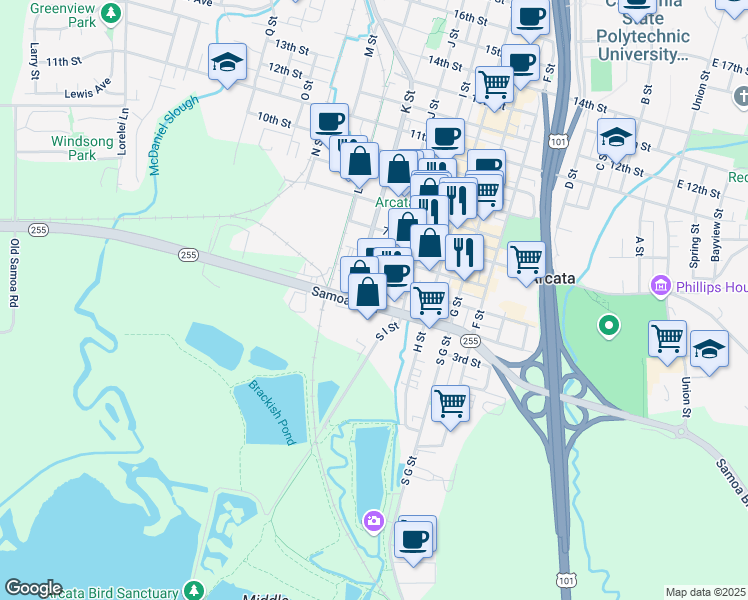 map of restaurants, bars, coffee shops, grocery stores, and more near 421 J Street in Arcata