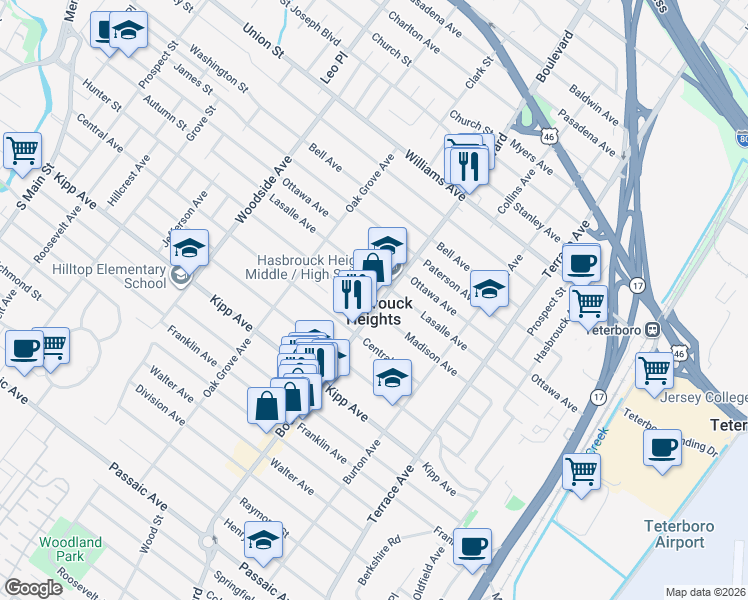 map of restaurants, bars, coffee shops, grocery stores, and more near in Hasbrouck Heights