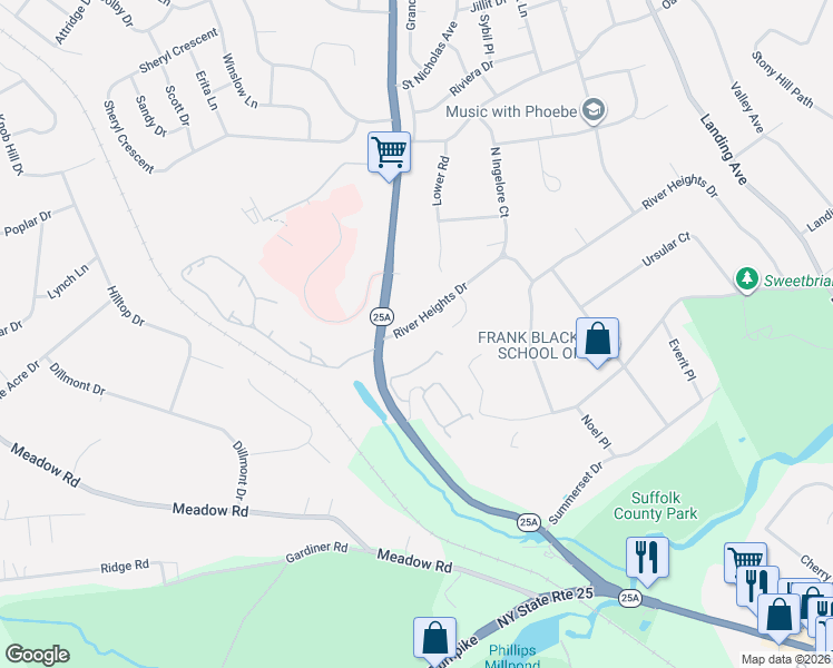 map of restaurants, bars, coffee shops, grocery stores, and more near 6 River Heights Drive in Smithtown