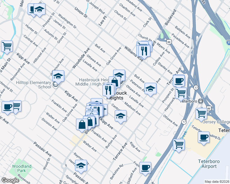map of restaurants, bars, coffee shops, grocery stores, and more near in Hasbrouck Heights
