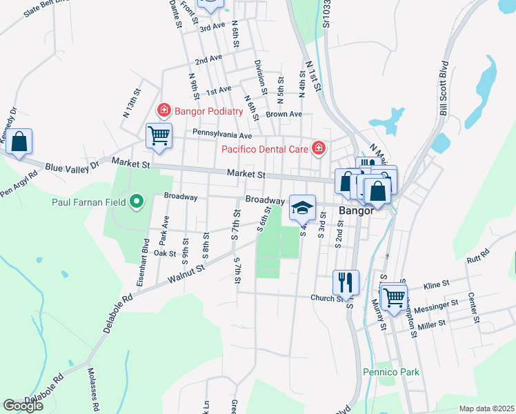 map of restaurants, bars, coffee shops, grocery stores, and more near 606 Broadway in Bangor