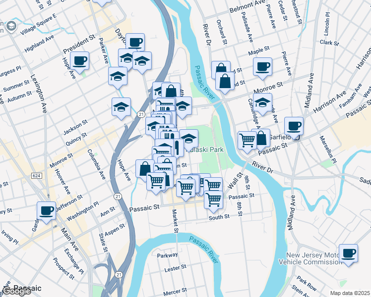 map of restaurants, bars, coffee shops, grocery stores, and more near 123 4th Street in Passaic