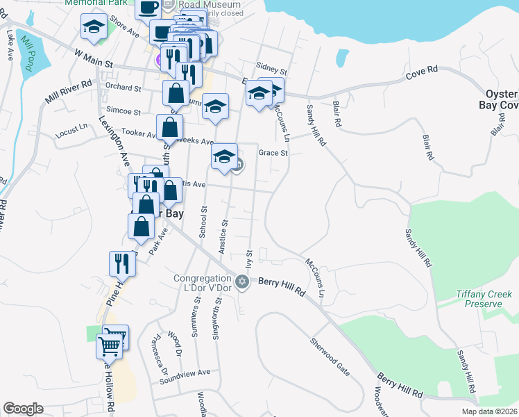 map of restaurants, bars, coffee shops, grocery stores, and more near 148 McCouns Lane in Oyster Bay