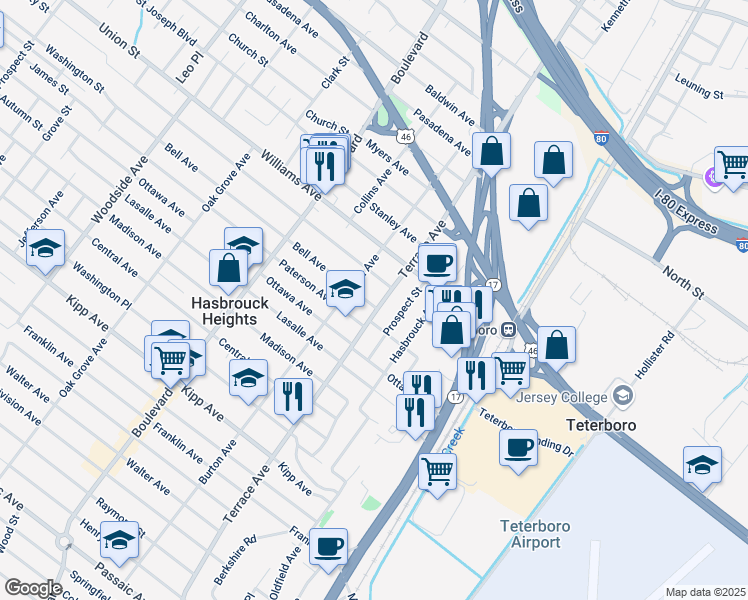 map of restaurants, bars, coffee shops, grocery stores, and more near 321 Bell Avenue in Hasbrouck Heights