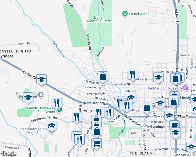 map of restaurants, bars, coffee shops, grocery stores, and more near 324 Mercer Street in Butler