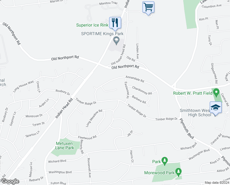 map of restaurants, bars, coffee shops, grocery stores, and more near 23 Dunlop Court in Commack