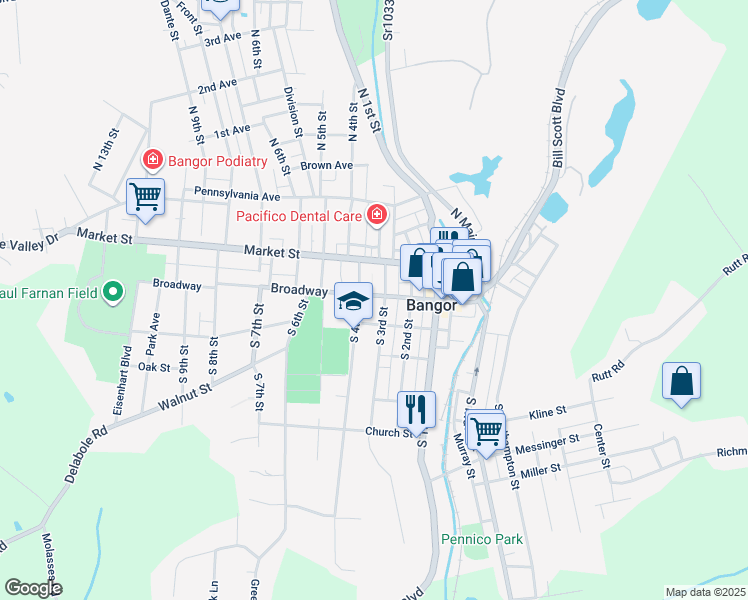 map of restaurants, bars, coffee shops, grocery stores, and more near 316 Broadway in Bangor