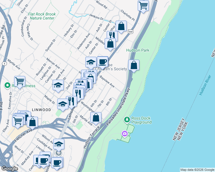 map of restaurants, bars, coffee shops, grocery stores, and more near 24 Bayview Avenue in Englewood Cliffs