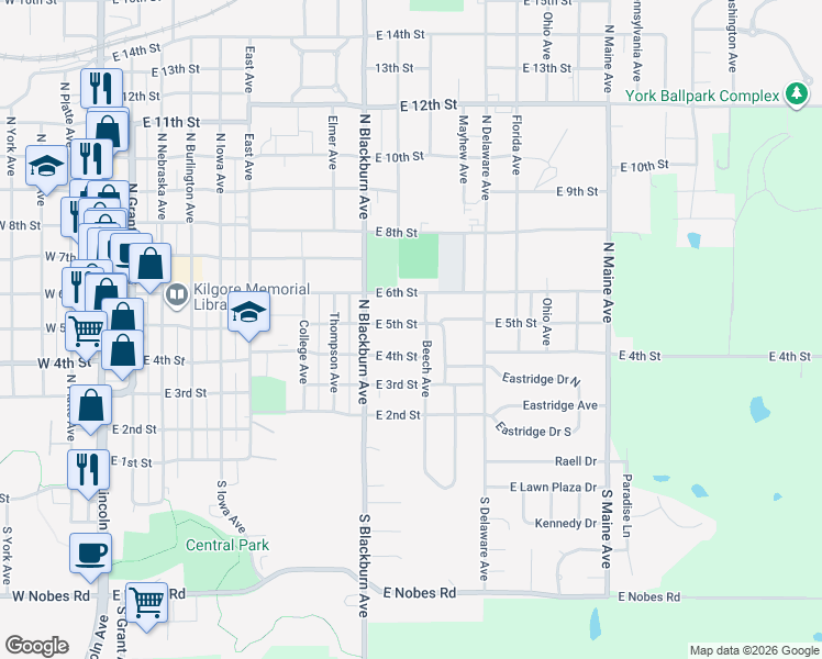 map of restaurants, bars, coffee shops, grocery stores, and more near 942 East 5th Street in York