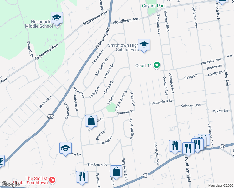 map of restaurants, bars, coffee shops, grocery stores, and more near 38 East Hill Drive in Smithtown