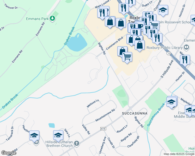 map of restaurants, bars, coffee shops, grocery stores, and more near 179 Woods Edge Drive in Roxbury Township