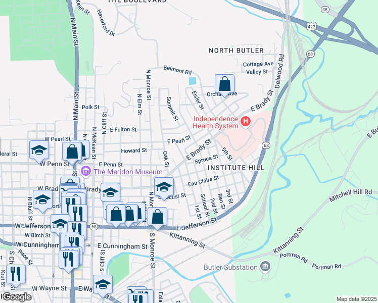 map of restaurants, bars, coffee shops, grocery stores, and more near 712 East Brady Street in Butler