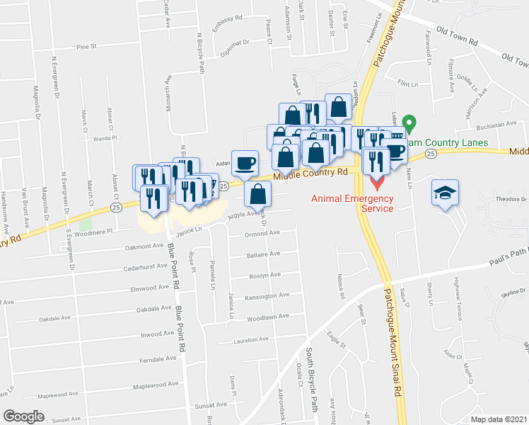map of restaurants, bars, coffee shops, grocery stores, and more near 88 Argyle Avenue in Selden
