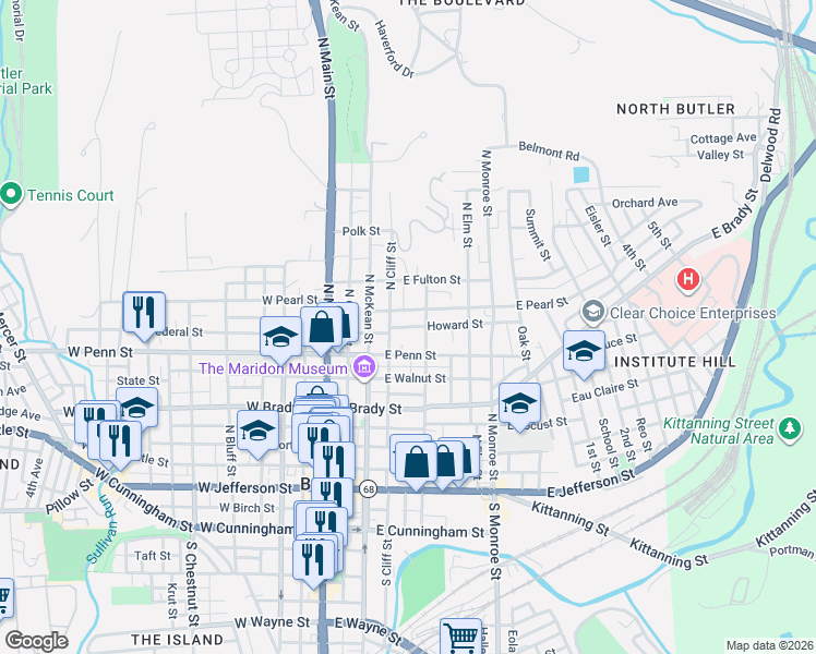 map of restaurants, bars, coffee shops, grocery stores, and more near 426 Franklin Street in Butler