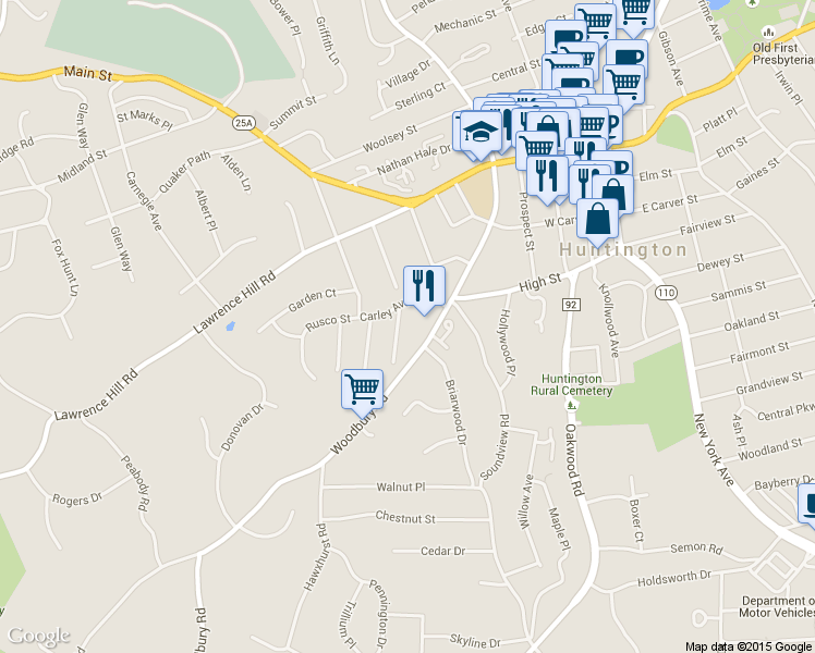 map of restaurants, bars, coffee shops, grocery stores, and more near 18 Minetta Court in Huntington