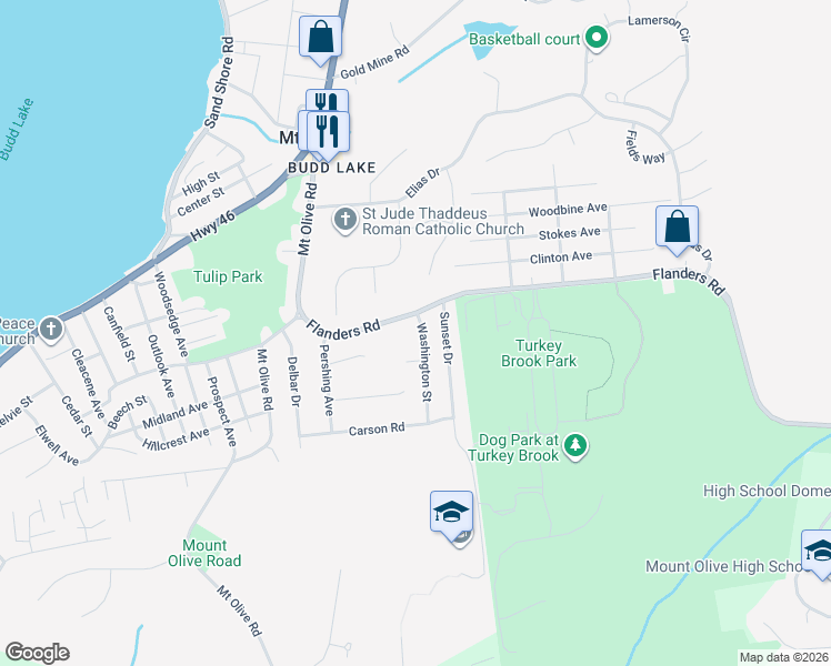 map of restaurants, bars, coffee shops, grocery stores, and more near 2 Washington Street in Mount Olive