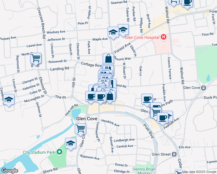 map of restaurants, bars, coffee shops, grocery stores, and more near 44 School Street in Glen Cove