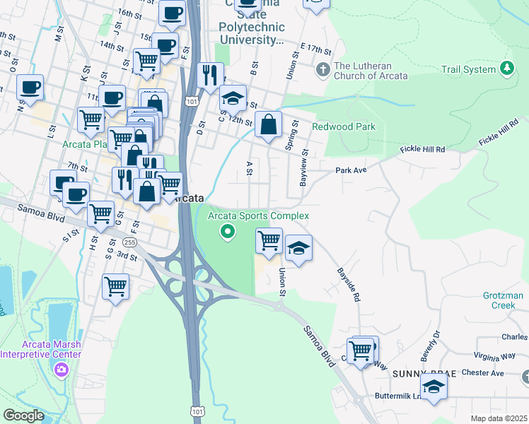 map of restaurants, bars, coffee shops, grocery stores, and more near 71 7th Street in Arcata