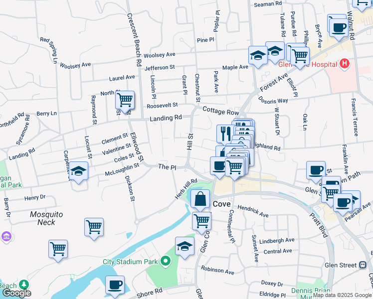 map of restaurants, bars, coffee shops, grocery stores, and more near 9 Hill Street in Glen Cove