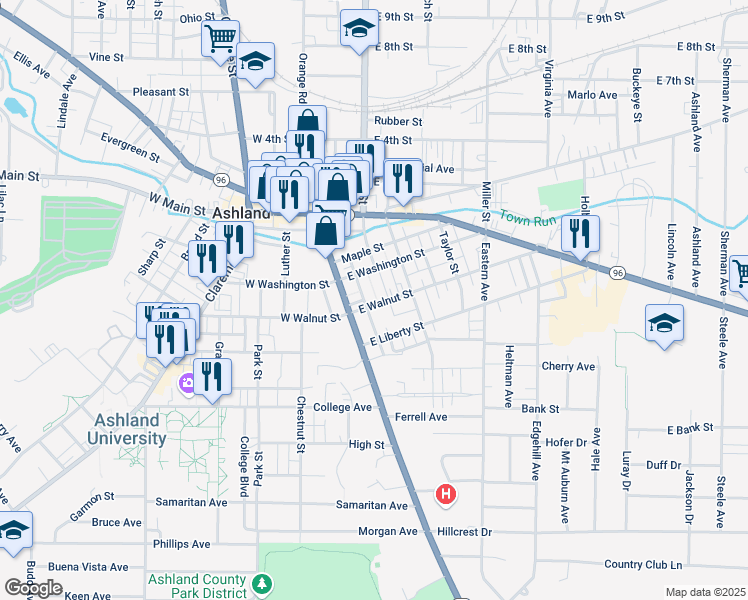 map of restaurants, bars, coffee shops, grocery stores, and more near 110 East Walnut Street in Ashland