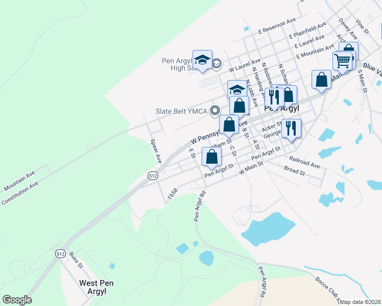 map of restaurants, bars, coffee shops, grocery stores, and more near 701 William Street in Pen Argyl