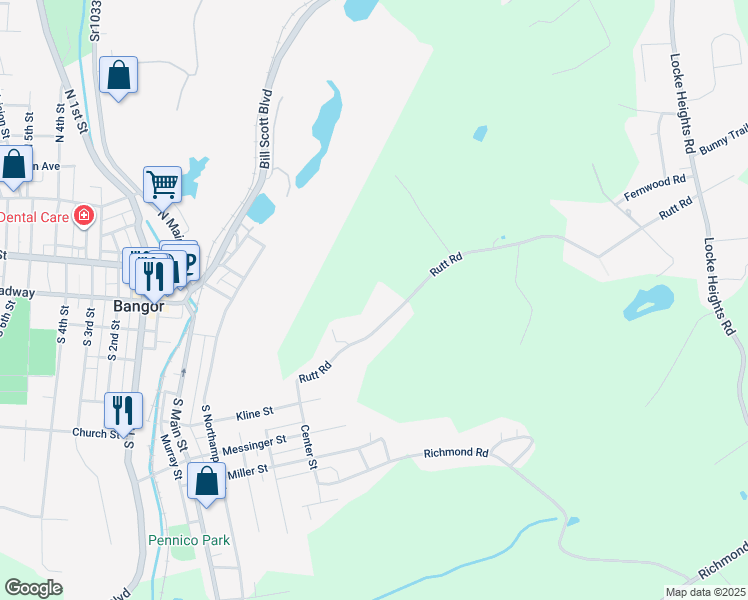 map of restaurants, bars, coffee shops, grocery stores, and more near 577 Rutt Road in Bangor