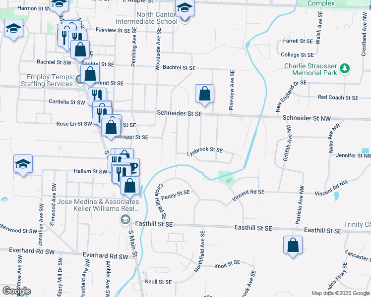 map of restaurants, bars, coffee shops, grocery stores, and more near 1315 Clinton Avenue Southeast in North Canton