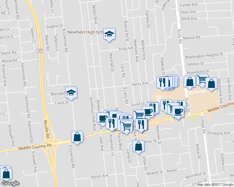 map of restaurants, bars, coffee shops, grocery stores, and more near 49 Marshall Drive in Selden