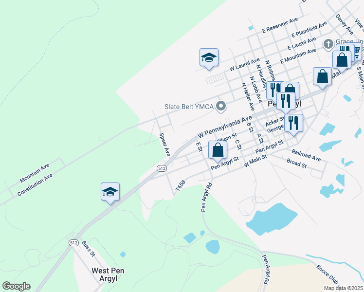 map of restaurants, bars, coffee shops, grocery stores, and more near 735 West Pennsylvania Avenue in Pen Argyl