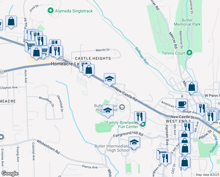 map of restaurants, bars, coffee shops, grocery stores, and more near 120 Campus Lane in Butler