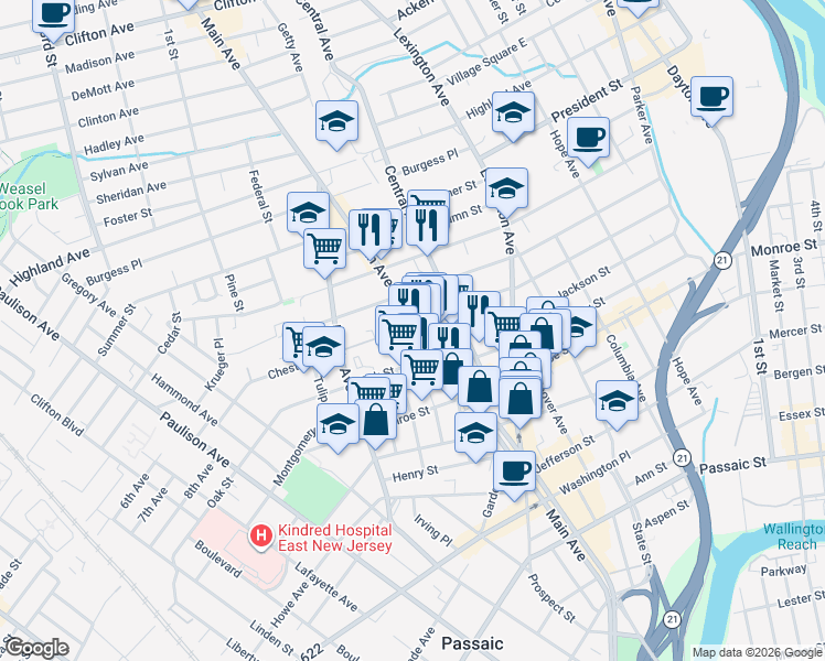 map of restaurants, bars, coffee shops, grocery stores, and more near 213 Chestnut Street in Passaic