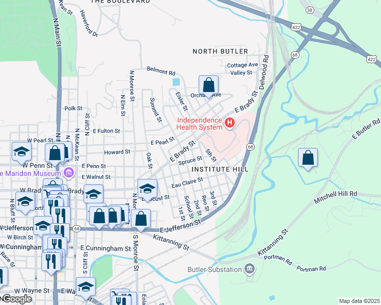 map of restaurants, bars, coffee shops, grocery stores, and more near 407 Cherry Street in Butler