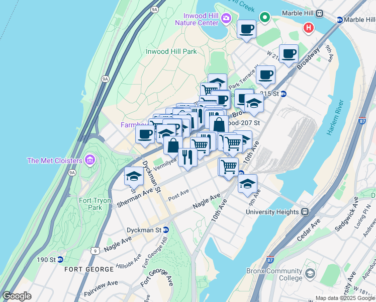 map of restaurants, bars, coffee shops, grocery stores, and more near 76 Vermilyea Avenue in New York