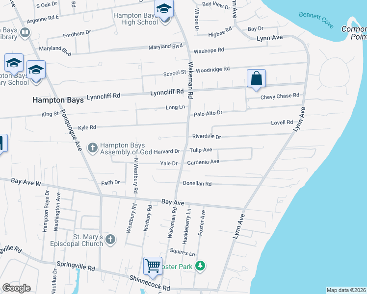 map of restaurants, bars, coffee shops, grocery stores, and more near 4 Harvard Drive in Hampton Bays